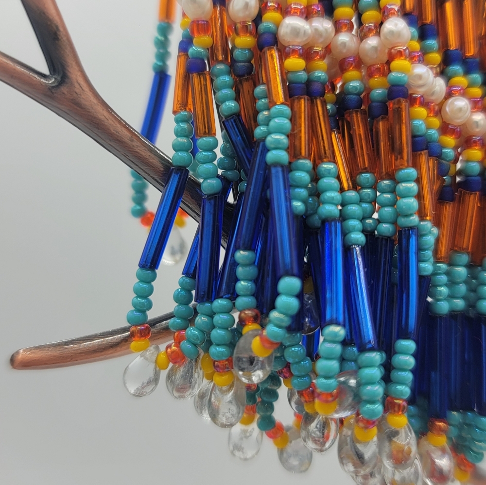 Artisan Beaded Crescent Fringe Brooch Glass Bead Statement Orange Blue Turquoise - Picture 6 of 13